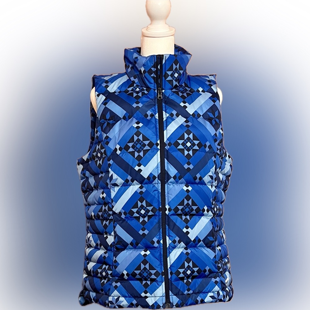 Lands' End Women’s Med 600-Fill Down Puffer Vest, Blue “Patchwork Quilt” Pattern - Picture 1 of 6
